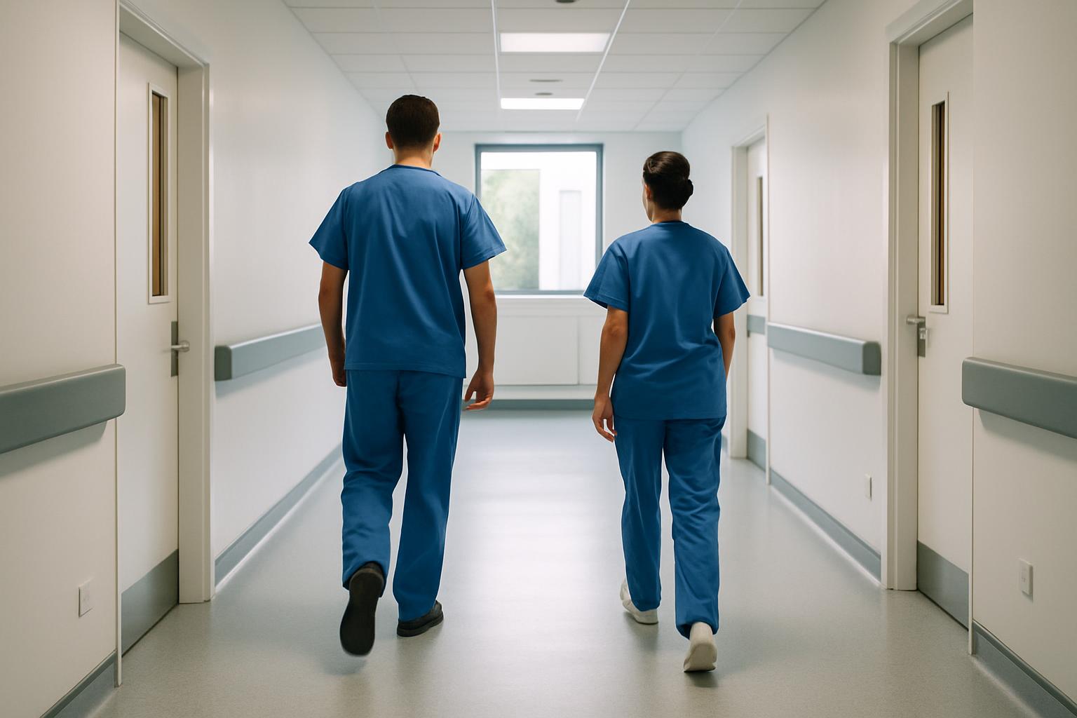NHS hospital corridor with healthcare staff in scrubs